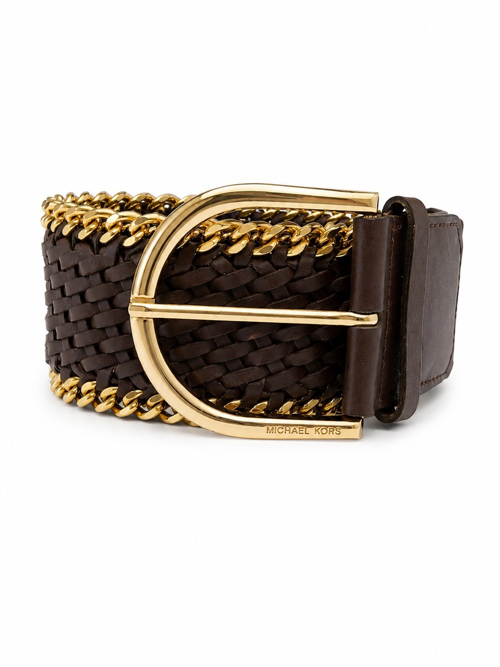 Michael Kors Dark Brown Woven Leather Belt with Gold Chain and Buckle